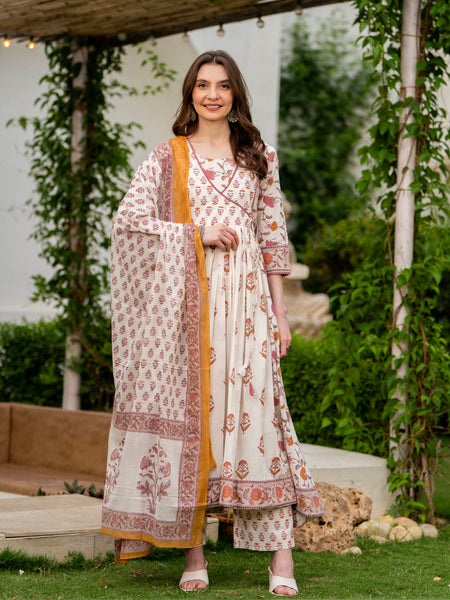 Cream Pure Cotton Printed Round Neck 3/4 Sleeves Calf Length Anarkali Kurta, Pant & Dupatta Set Mizaz Jaipur