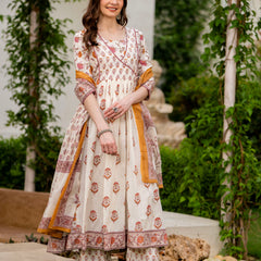 Cream Pure Cotton Printed Round Neck 3/4 Sleeves Calf Length Anarkali Kurta, Pant & Dupatta Set Mizaz Jaipur