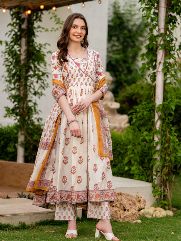 Cream Pure Cotton Printed Round Neck 3/4 Sleeves Calf Length Anarkali Kurta, Pant & Dupatta Set Mizaz Jaipur