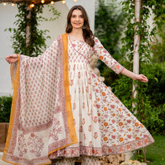 Cream Pure Cotton Printed Round Neck 3/4 Sleeves Calf Length Anarkali Kurta, Pant & Dupatta Set Mizaz Jaipur