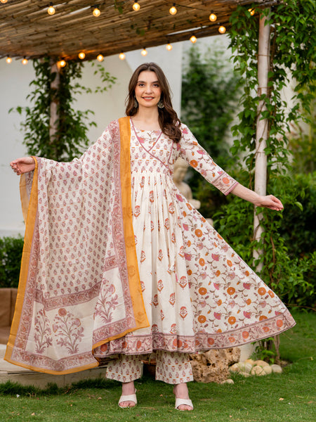 Cream Pure Cotton Printed Round Neck 3/4 Sleeves Calf Length Anarkali Kurta, Pant & Dupatta Set Mizaz Jaipur