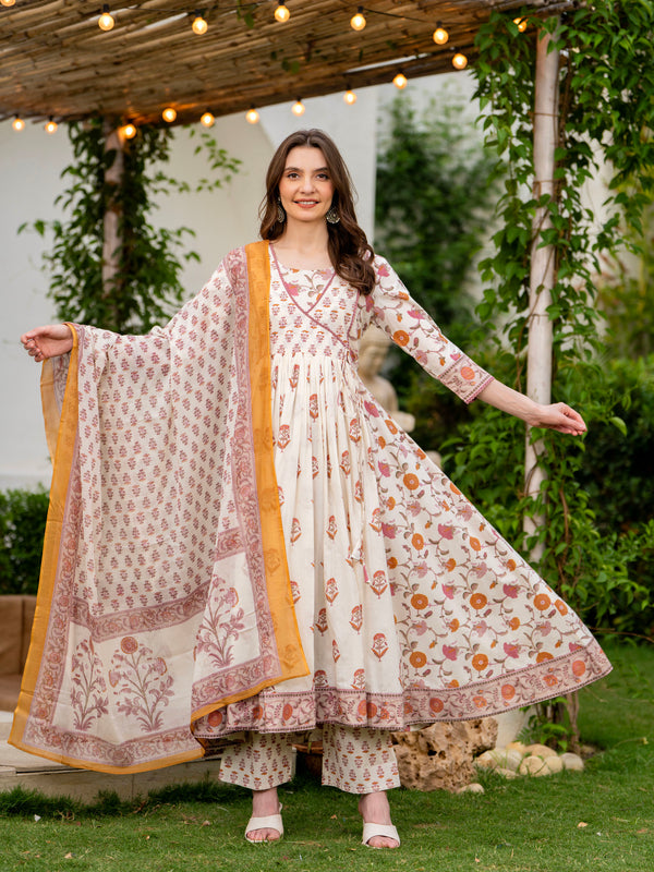 Cream Pure Cotton Printed Round Neck 3/4 Sleeves Calf Length Anarkali Kurta, Pant & Dupatta Set Mizaz Jaipur