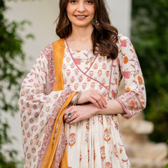Cream Pure Cotton Printed Round Neck 3/4 Sleeves Calf Length Anarkali Kurta, Pant & Dupatta Set Mizaz Jaipur