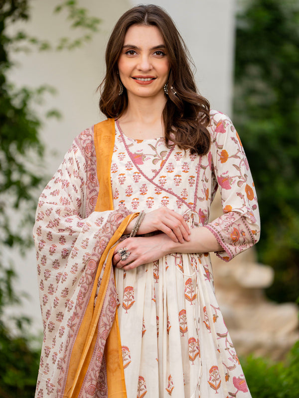 Cream Pure Cotton Printed Round Neck 3/4 Sleeves Calf Length Anarkali Kurta, Pant & Dupatta Set Mizaz Jaipur