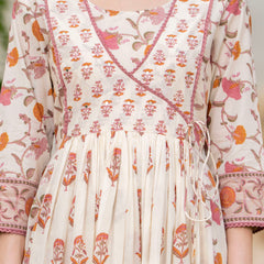 Cream Pure Cotton Printed Round Neck 3/4 Sleeves Calf Length Anarkali Kurta, Pant & Dupatta Set Mizaz Jaipur