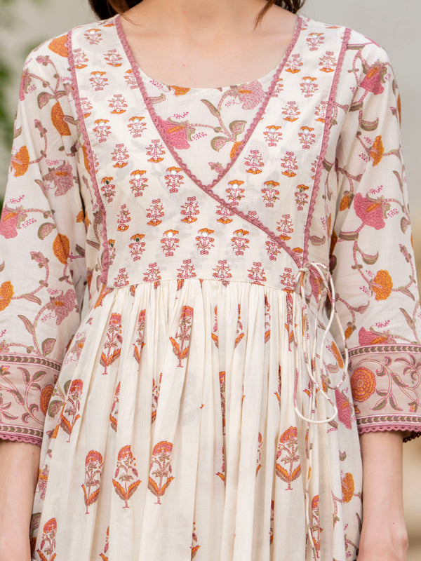 Cream Pure Cotton Printed Round Neck 3/4 Sleeves Calf Length Anarkali Kurta, Pant & Dupatta Set Mizaz Jaipur