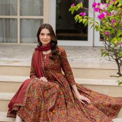 Maroon Pure Cotton Printed Round Neck 3/4 Sleeves Calf Length Anarkali Kurta, Pant & Dupatta Set Mizaz Jaipur