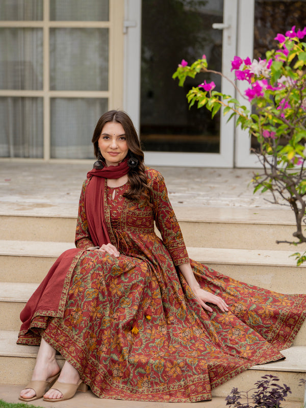 Maroon Pure Cotton Printed Round Neck 3/4 Sleeves Calf Length Anarkali Kurta, Pant & Dupatta Set Mizaz Jaipur