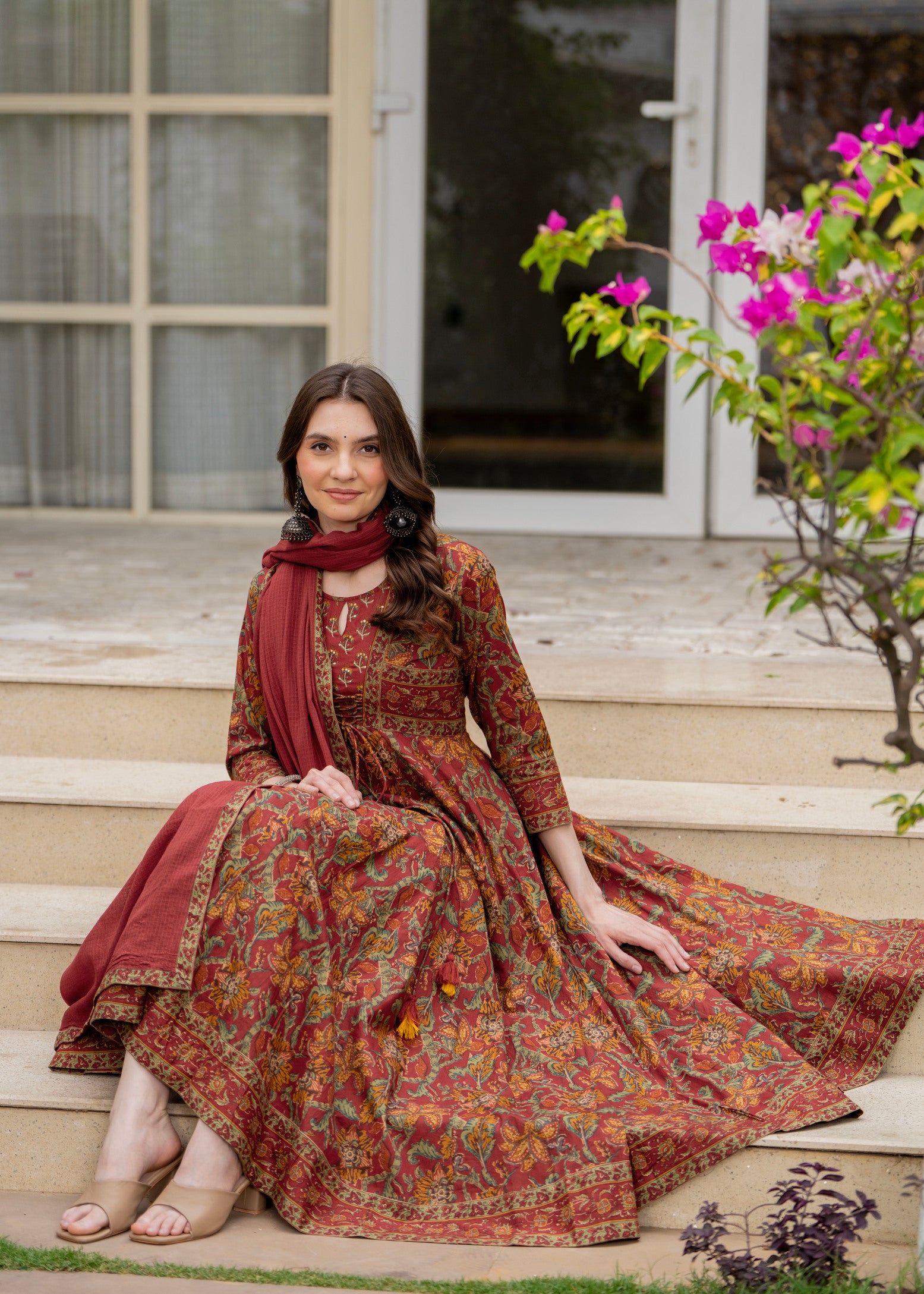 Maroon Pure Cotton Printed Round Neck 3/4 Sleeves Calf Length Anarkali Kurta, Pant & Dupatta Set Mizaz Jaipur