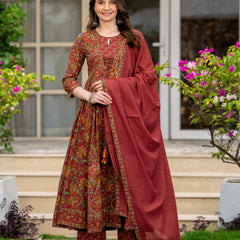 Maroon Pure Cotton Printed Round Neck 3/4 Sleeves Calf Length Anarkali Kurta, Pant & Dupatta Set Mizaz Jaipur