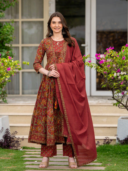 Maroon Pure Cotton Printed Round Neck 3/4 Sleeves Calf Length Anarkali Kurta, Pant & Dupatta Set Mizaz Jaipur