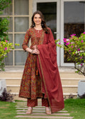Maroon Pure Cotton Printed Round Neck 3/4 Sleeves Calf Length Anarkali Kurta, Pant & Dupatta Set Mizaz Jaipur