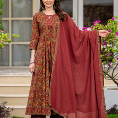Maroon Pure Cotton Printed Round Neck 3/4 Sleeves Calf Length Anarkali Kurta, Pant & Dupatta Set Mizaz Jaipur