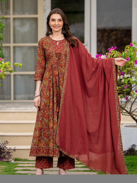Maroon Pure Cotton Printed Round Neck 3/4 Sleeves Calf Length Anarkali Kurta, Pant & Dupatta Set Mizaz Jaipur