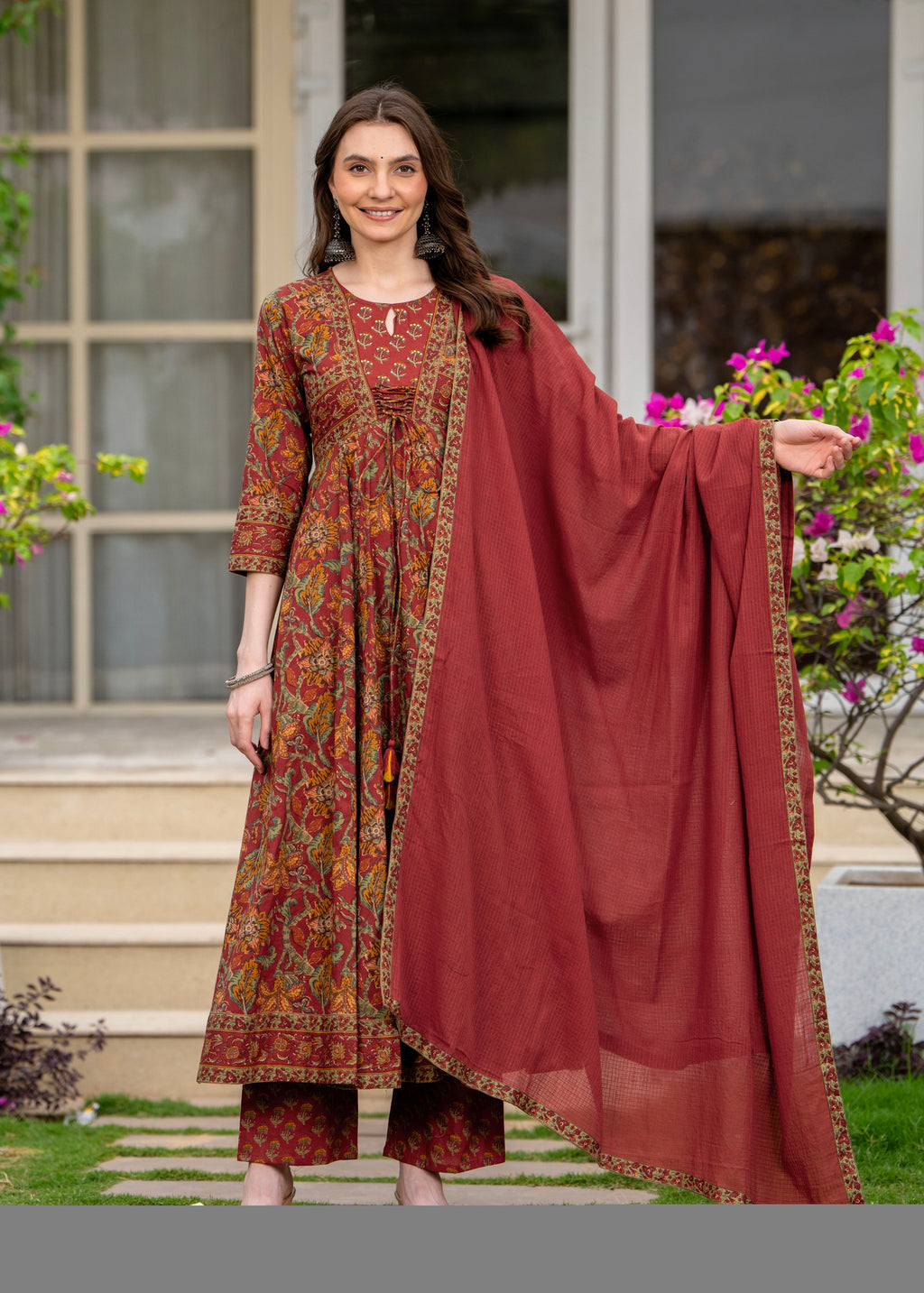 Maroon Pure Cotton Printed Round Neck 3/4 Sleeves Calf Length Anarkali Kurta, Pant & Dupatta Set Mizaz Jaipur