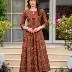 Maroon Pure Cotton Printed Round Neck 3/4 Sleeves Calf Length Anarkali Kurta, Pant & Dupatta Set Mizaz Jaipur