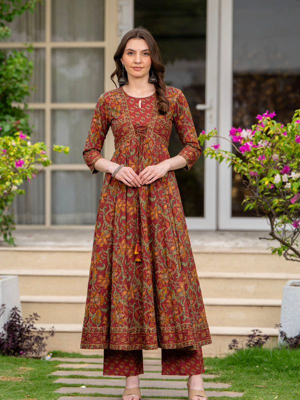 Maroon Pure Cotton Printed Round Neck 3/4 Sleeves Calf Length Anarkali Kurta, Pant & Dupatta Set Mizaz Jaipur