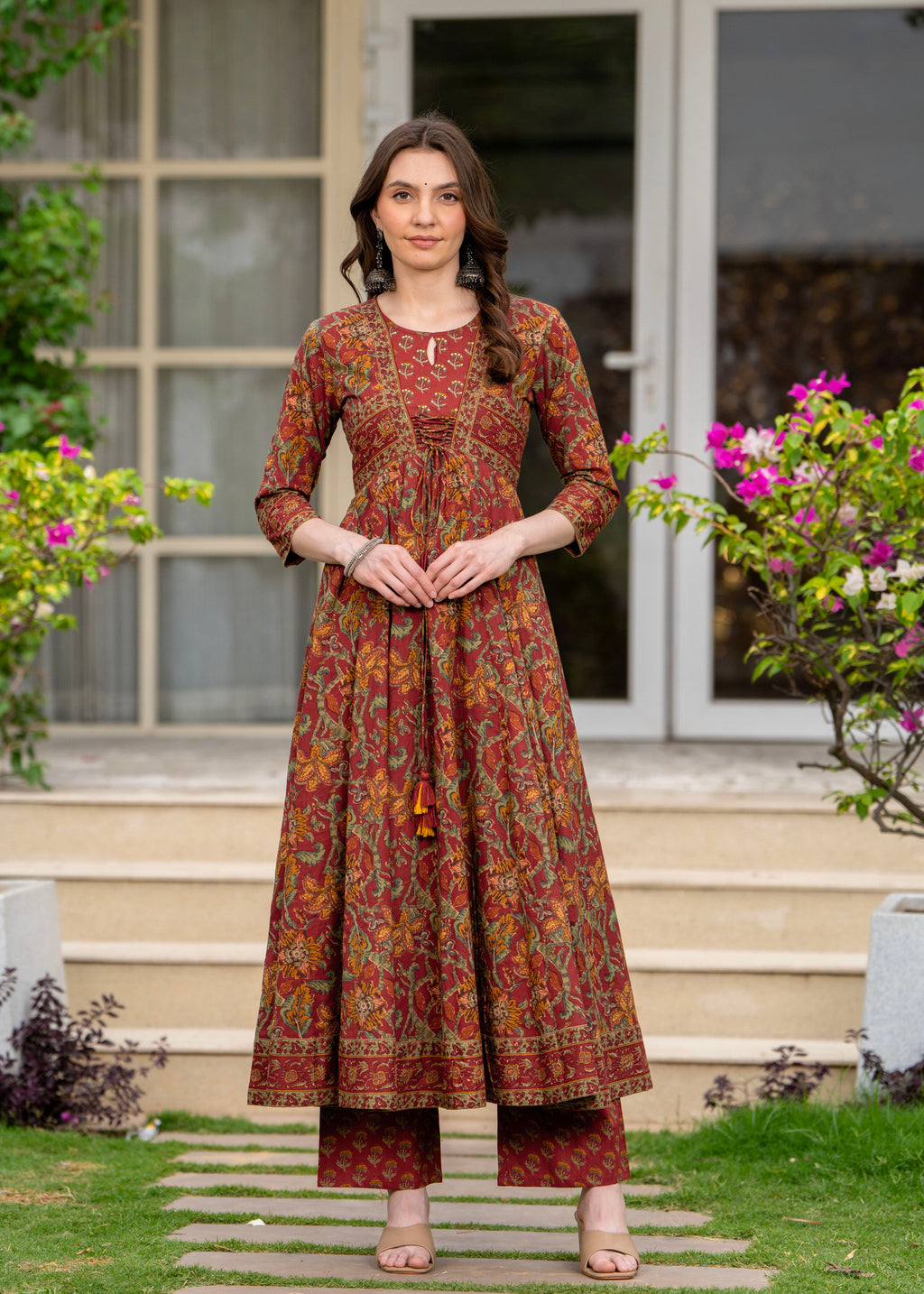 Maroon Pure Cotton Printed Round Neck 3/4 Sleeves Calf Length Anarkali Kurta, Pant & Dupatta Set Mizaz Jaipur
