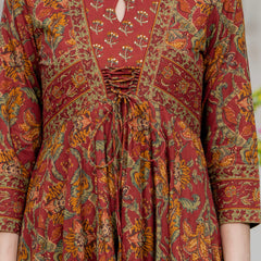 Maroon Pure Cotton Printed Round Neck 3/4 Sleeves Calf Length Anarkali Kurta, Pant & Dupatta Set Mizaz Jaipur