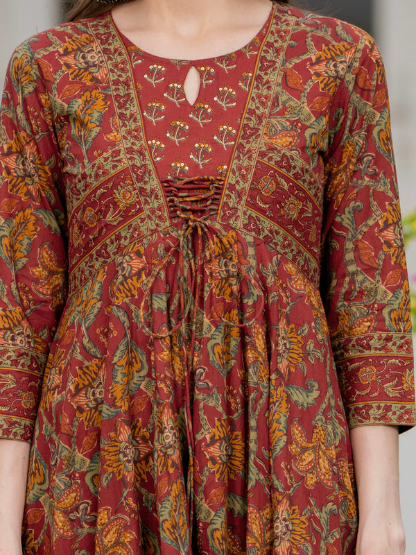 Maroon Pure Cotton Printed Round Neck 3/4 Sleeves Calf Length Anarkali Kurta, Pant & Dupatta Set Mizaz Jaipur