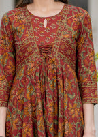 Maroon Pure Cotton Printed Round Neck 3/4 Sleeves Calf Length Anarkali Kurta, Pant & Dupatta Set Mizaz Jaipur