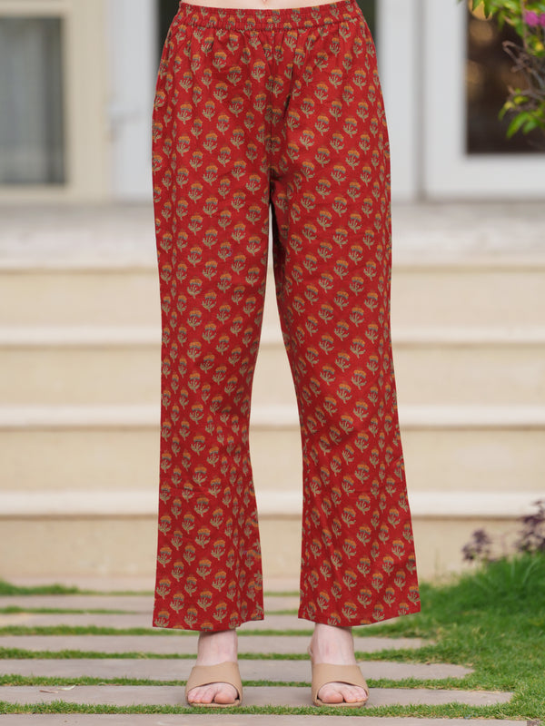Maroon Pure Cotton Printed Round Neck 3/4 Sleeves Calf Length Anarkali Kurta, Pant & Dupatta Set Mizaz Jaipur