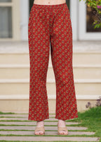 Maroon Pure Cotton Printed Round Neck 3/4 Sleeves Calf Length Anarkali Kurta, Pant & Dupatta Set Mizaz Jaipur