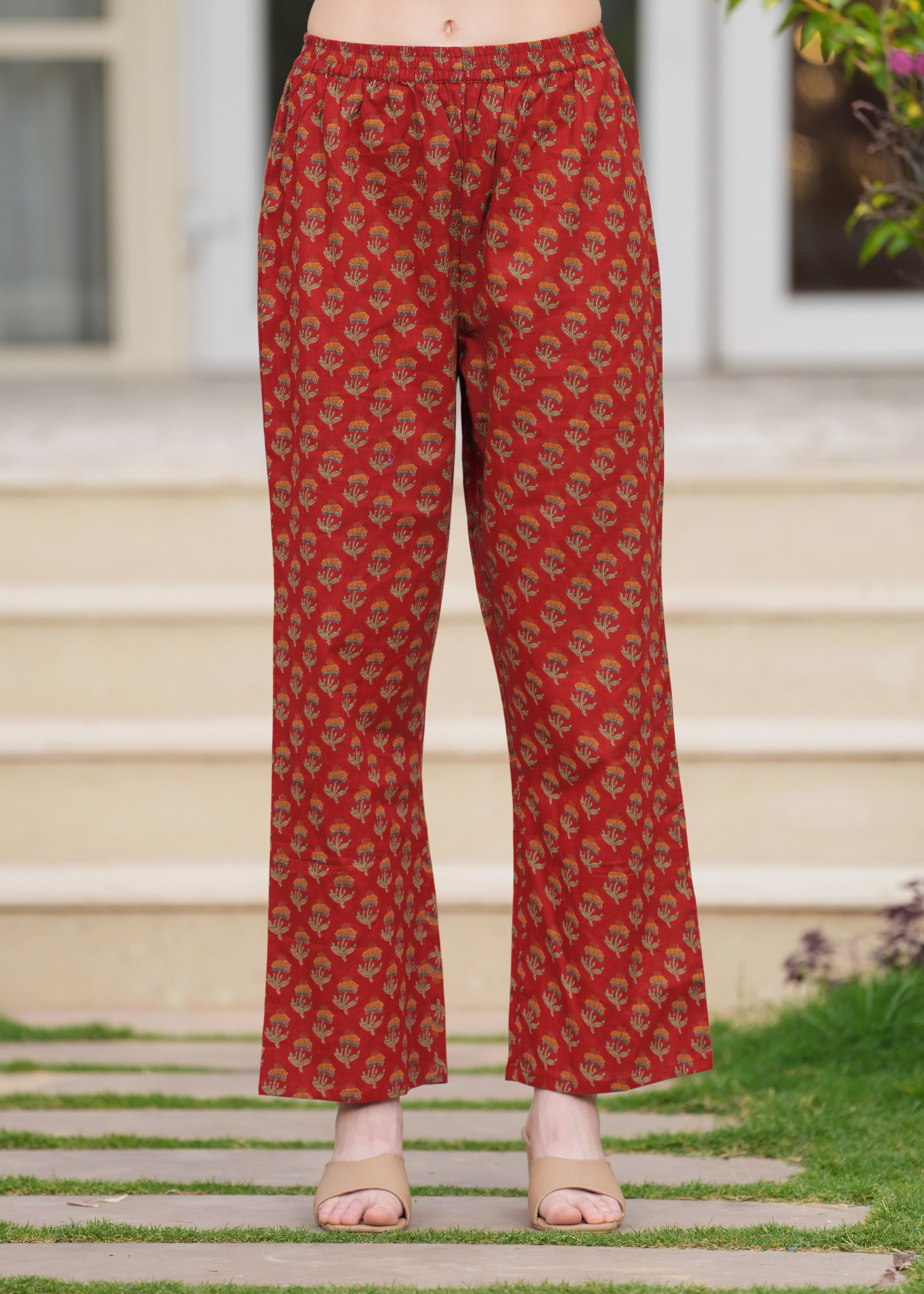 Maroon Pure Cotton Printed Round Neck 3/4 Sleeves Calf Length Anarkali Kurta, Pant & Dupatta Set Mizaz Jaipur