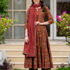 Maroon Pure Cotton Printed Round Neck 3/4 Sleeves Calf Length Anarkali Kurta, Pant & Dupatta Set Mizaz Jaipur