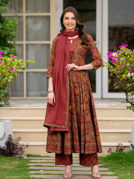 Maroon Pure Cotton Printed Round Neck 3/4 Sleeves Calf Length Anarkali Kurta, Pant & Dupatta Set Mizaz Jaipur