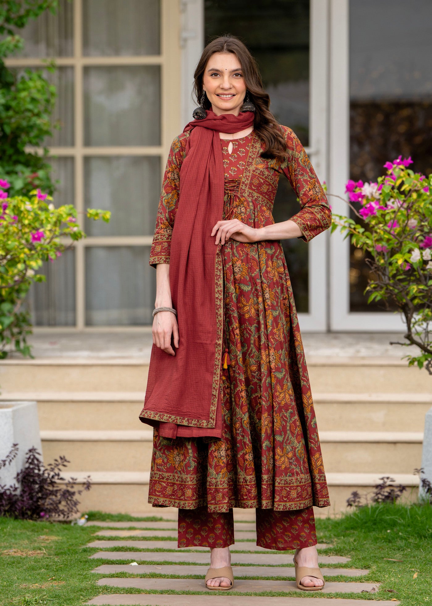 Maroon Pure Cotton Printed Round Neck 3/4 Sleeves Calf Length Anarkali Kurta, Pant & Dupatta Set Mizaz Jaipur