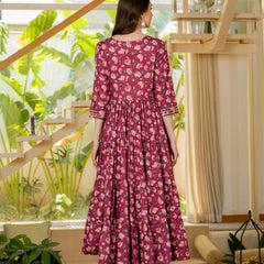 Burgundy Pure Cotton Printed Mirror Embroidered Anarkali Kurta, Pant & Dupatta Set Mizaz Jaipur