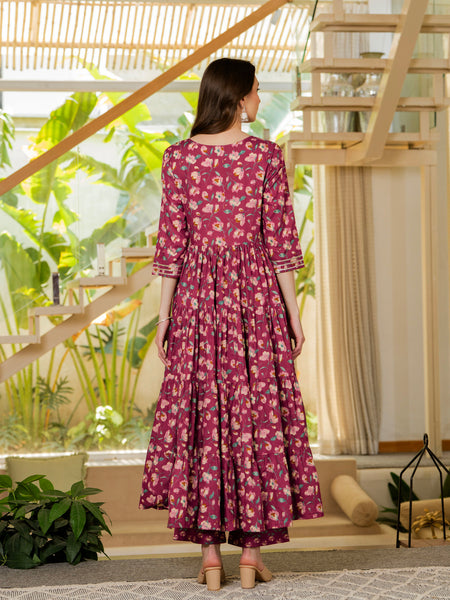 Burgundy Pure Cotton Printed Mirror Embroidered Anarkali Kurta, Pant & Dupatta Set Mizaz Jaipur