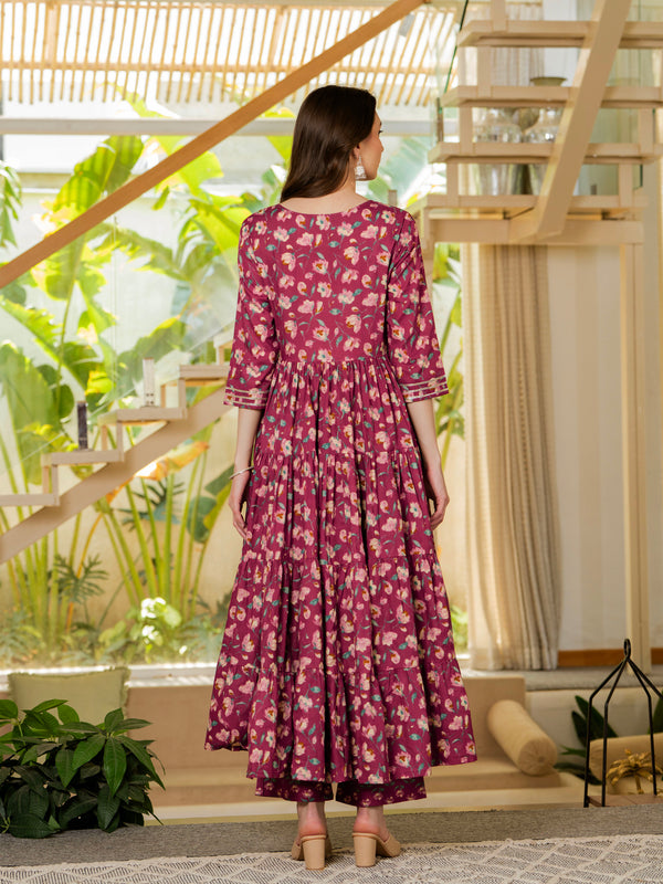Burgundy Pure Cotton Printed Mirror Embroidered Anarkali Kurta, Pant & Dupatta Set Mizaz Jaipur