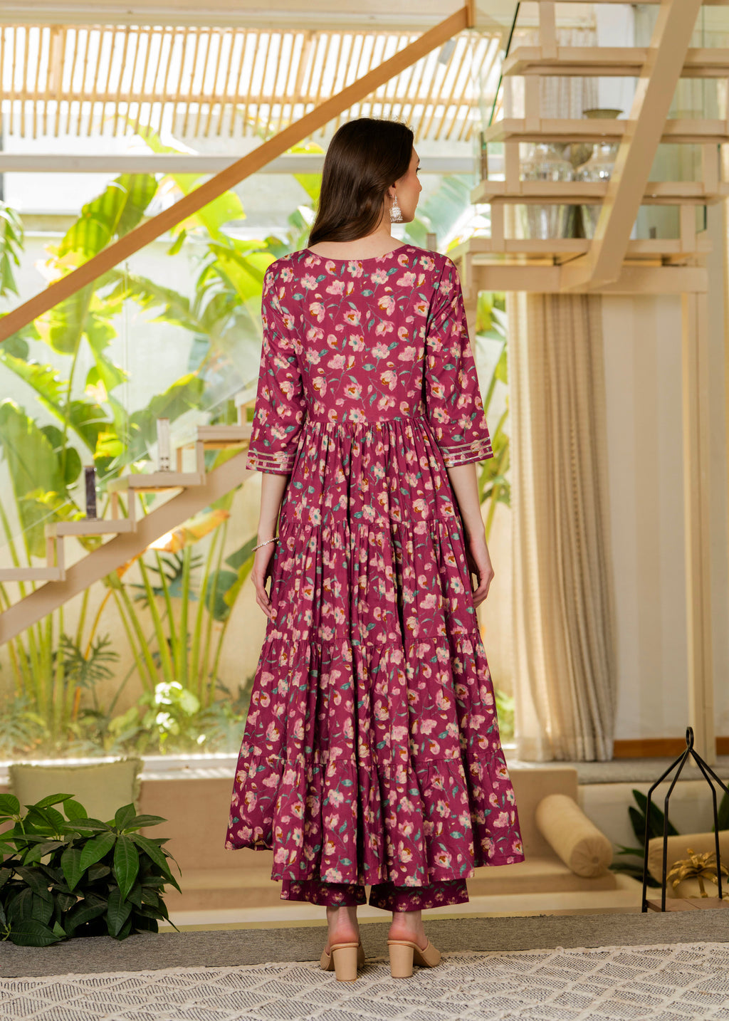 Burgundy Pure Cotton Printed Mirror Embroidered Anarkali Kurta, Pant & Dupatta Set Mizaz Jaipur