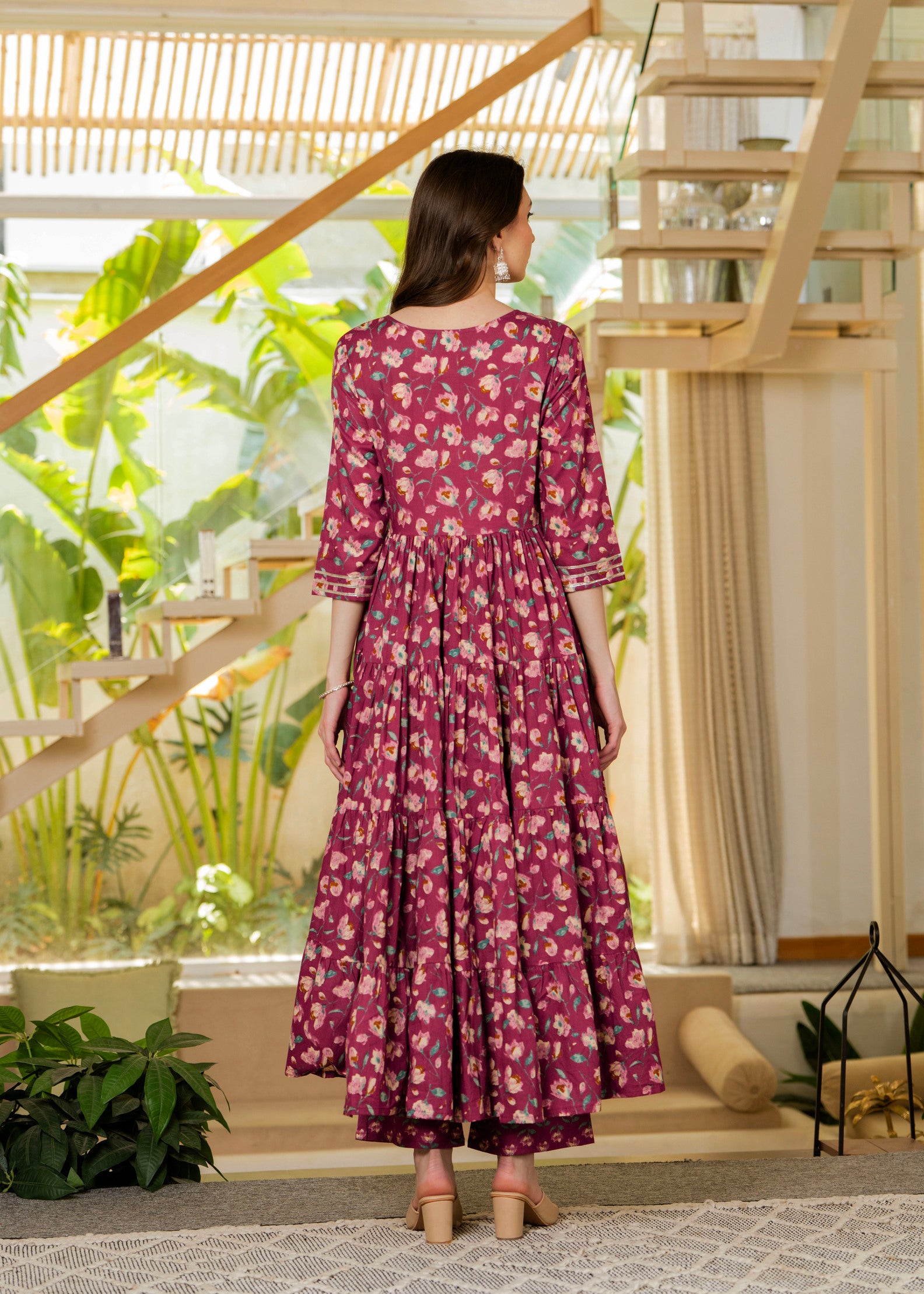 Burgundy Pure Cotton Printed Mirror Embroidered Anarkali Kurta, Pant & Dupatta Set Mizaz Jaipur