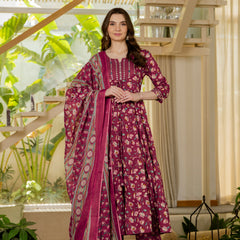 Burgundy Pure Cotton Printed Mirror Embroidered Anarkali Kurta, Pant & Dupatta Set Mizaz Jaipur