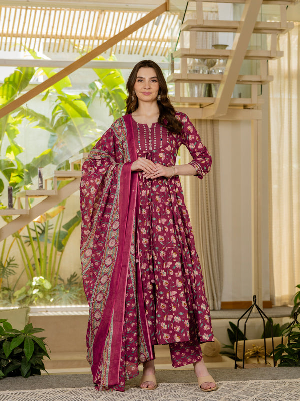 Burgundy Pure Cotton Printed Mirror Embroidered Anarkali Kurta, Pant & Dupatta Set Mizaz Jaipur