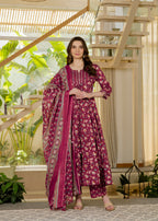 Burgundy Pure Cotton Printed Mirror Embroidered Anarkali Kurta, Pant & Dupatta Set Mizaz Jaipur
