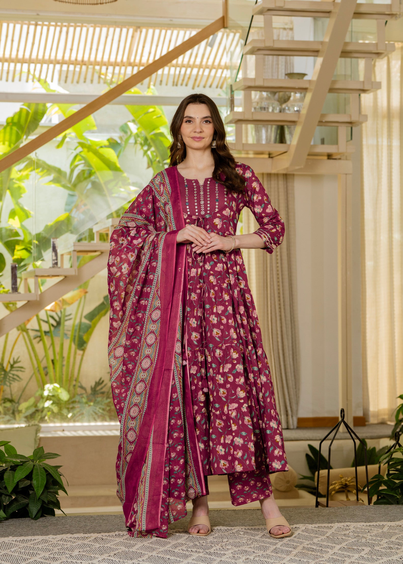 Burgundy Pure Cotton Printed Mirror Embroidered Anarkali Kurta, Pant & Dupatta Set Mizaz Jaipur