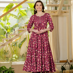 Burgundy Pure Cotton Printed Mirror Embroidered Anarkali Kurta, Pant & Dupatta Set Mizaz Jaipur