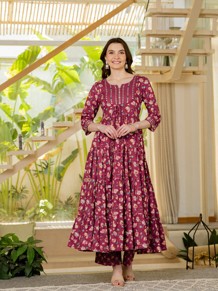 Burgundy Pure Cotton Printed Mirror Embroidered Anarkali Kurta, Pant & Dupatta Set Mizaz Jaipur