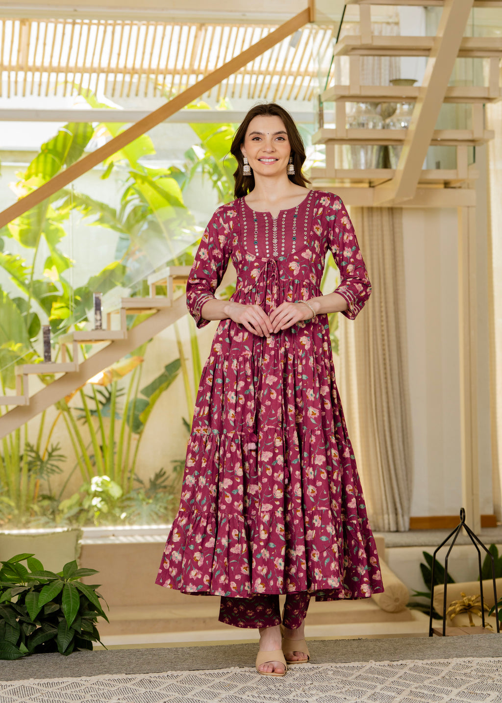 Burgundy Pure Cotton Printed Mirror Embroidered Anarkali Kurta, Pant & Dupatta Set Mizaz Jaipur