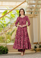 Burgundy Pure Cotton Printed Mirror Embroidered Anarkali Kurta, Pant & Dupatta Set Mizaz Jaipur