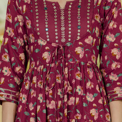 Burgundy Pure Cotton Printed Mirror Embroidered Anarkali Kurta, Pant & Dupatta Set Mizaz Jaipur