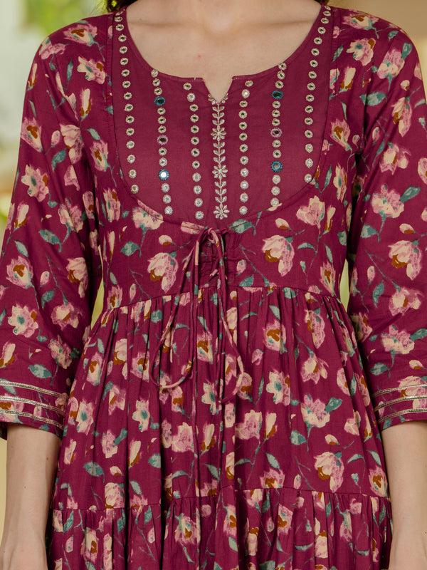 Burgundy Pure Cotton Printed Mirror Embroidered Anarkali Kurta, Pant & Dupatta Set Mizaz Jaipur