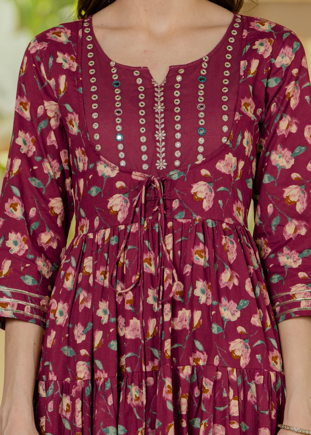 Burgundy Pure Cotton Printed Mirror Embroidered Anarkali Kurta, Pant & Dupatta Set Mizaz Jaipur