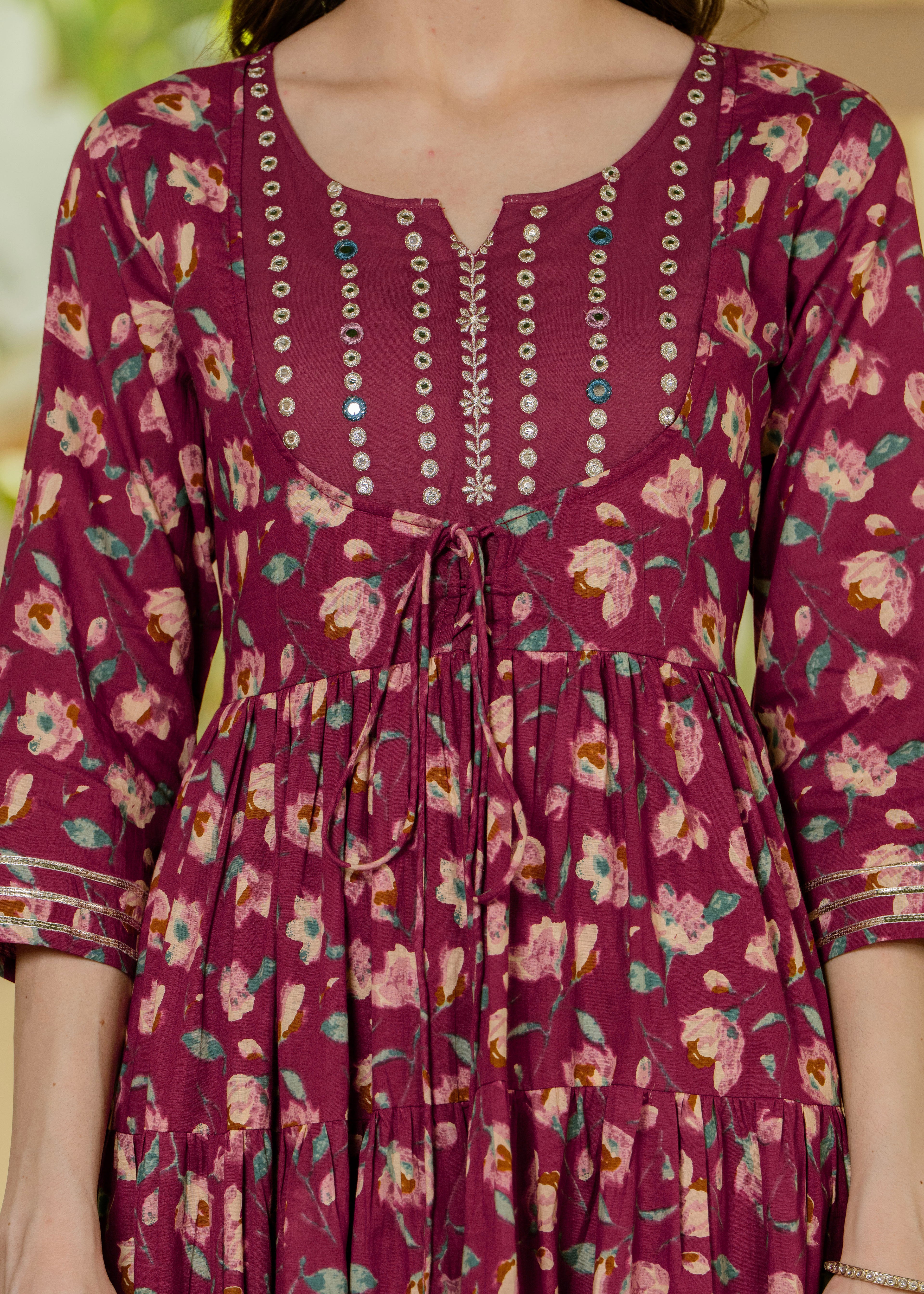 Burgundy Pure Cotton Printed Mirror Embroidered Anarkali Kurta, Pant & Dupatta Set Mizaz Jaipur