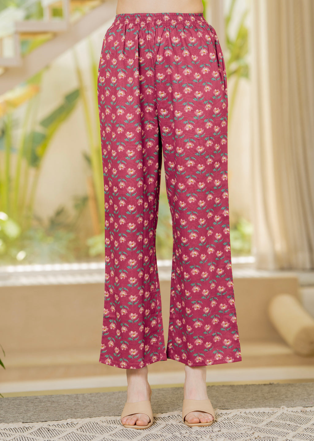 Burgundy Pure Cotton Printed Mirror Embroidered Anarkali Kurta, Pant & Dupatta Set Mizaz Jaipur