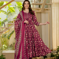 Burgundy Pure Cotton Printed Mirror Embroidered Anarkali Kurta, Pant & Dupatta Set Mizaz Jaipur
